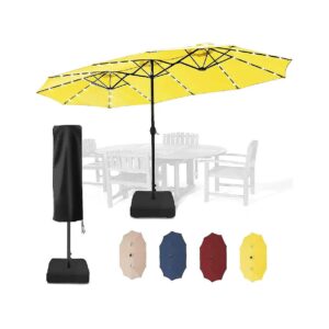 Extra-Large Double-Sided Patio Umbrella with Solar Lights, Including Base and Cover