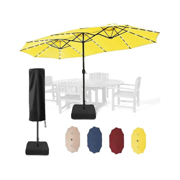 Extra-Large Double-Sided Patio Umbrella with Solar Lights, Including Base and Cover