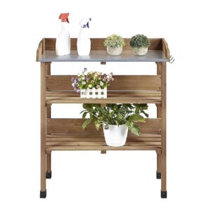 FIR Wood Garden Potting Bench with Metal Tabletop and Three Hooks for Gardening Equipment