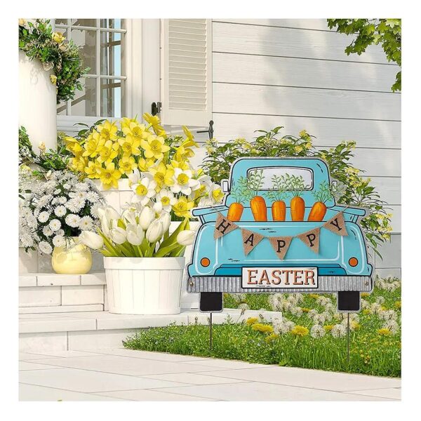 Festive Easter Decoration Metal Garden Truck Yard Stake with Wall or Yard Placement