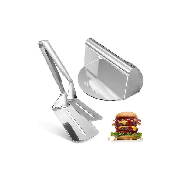 Flat Griddle Accessories Kit with Round Burger Press and BBQ Tong