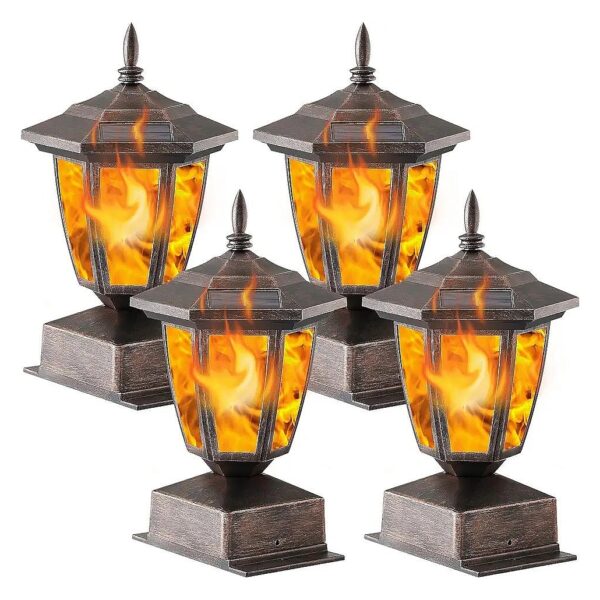 Flickering Flame Solar Post Lights with 4-Pack for Garden, Deck, and Patio with Bronze