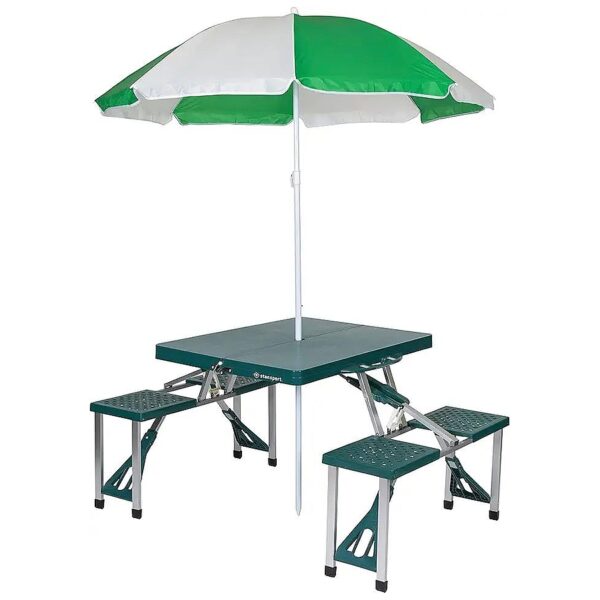 Foldable Green Outdoor Table and Umbrella Combo for Easy Storage and Transport