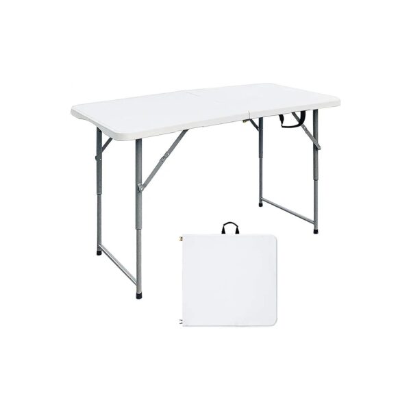 Four Foot White Folding Table with Adjustable Height and Powder-Coated Steel Pipe Frame