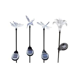 Four Piece Set Solar Powered LED Garden Decor with Hummingbird Butterfly Dragonfly