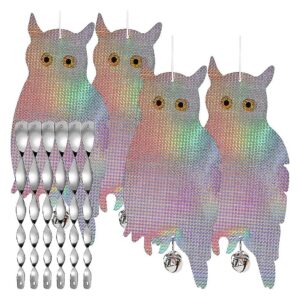 Friendly 4-Pack Hanging Reflective Owls with Bonus Scare Spiral Rods for Pest Control