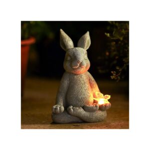 Garden Decoration Solar Powered Meditation Rabbit Statue with Butterfly Accent