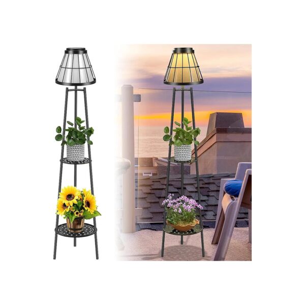 Garden Solar Floor Lamp with Plant Stand Black Outdoor Lighting for Patio Deck Yard Porch