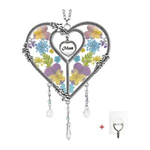 Glass Heart Suncatcher with Pressed Flower Wings and Metal Heart Tag for Mom