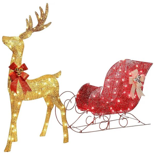 Gold Finish Lighted Christmas Reindeer and Sleigh Outdoor Decor Set