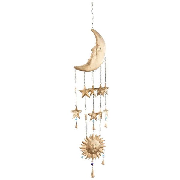 Gold Metal Wind Chime with Sun and Moon Motifs and Glass Accents