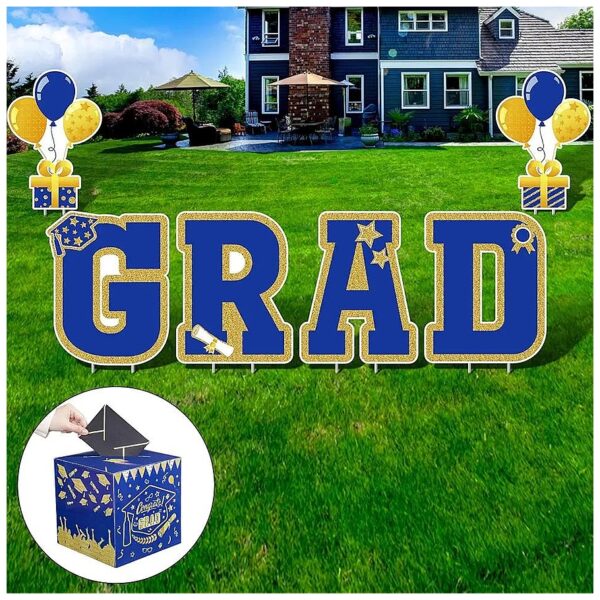 Graduation Yard Signs and Card Box Party Supplies for 2024 Graduates Blue and Gold Theme