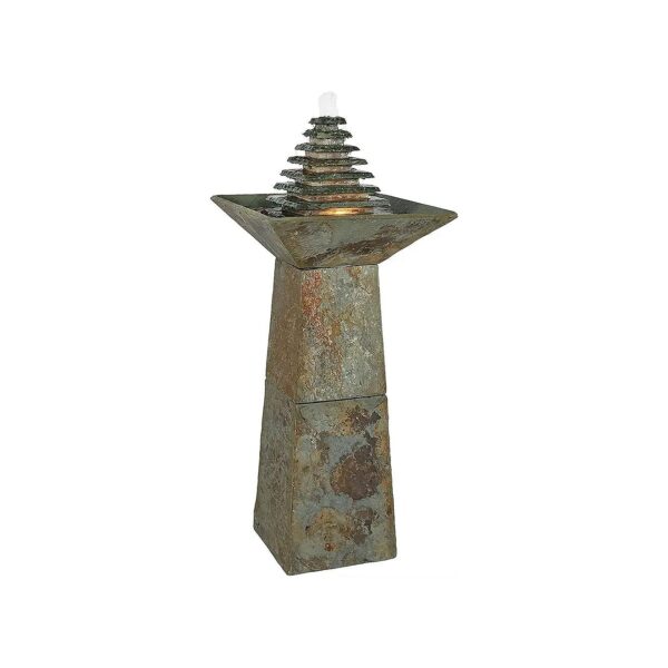 Gray Slate Pyramid Water Fountain with LED Light and Natural Sound