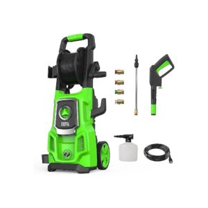 Green Electric Pressure Washer with Hose Reel and Quick-Connect Nozzles