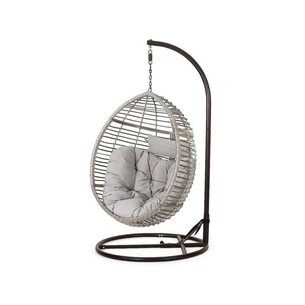 Grey Black Wicker Hanging Basket Chair with Water Resistant Cushions and Iron Base