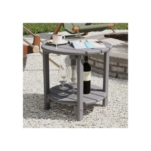 Grey Outdoor Round Side Table with 2-Tier Storage and All-Weather Construction