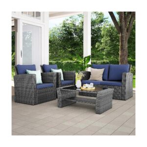 Grey Rattan Outdoor Patio Furniture Set with Cushion and Tempered Glass Table