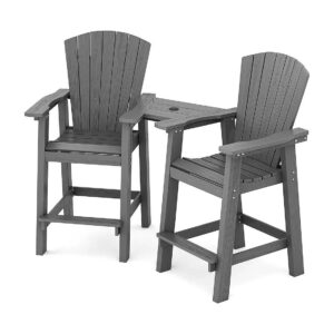 Grey Wood Grain Embossed Balcony Chair Set with 2 High Adirondack Barstools