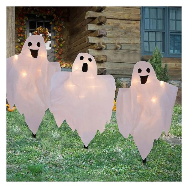 Halloween White Ghost Lighted Decorations with Incandescent Bulbs and Stakes