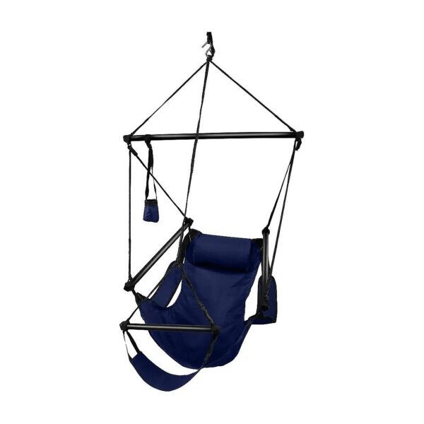 Hammock Chair with Blue Fabric, Aluminum Dowels, and Footrest