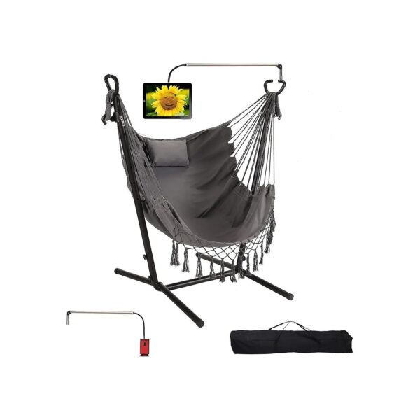 Hammock with Stand and Phone Holder for Indoor Outdoor Use Grey Double Hanging Chair