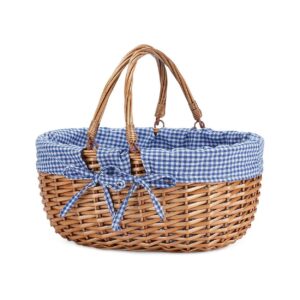 Hand Woven Wicker Picnic Basket with Double Handles and Blue Gingham Liner