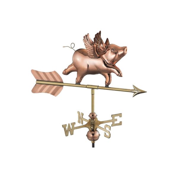 Handcrafted Copper Weathervane with Flying Pig Design and Roof Mount Assembly