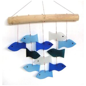 Handcrafted Glass Wind Chime Swimming Fish in Navy Blue and White with Modern Style