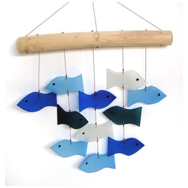 Handcrafted Glass Wind Chime Swimming Fish in Navy Blue and White with Modern Style