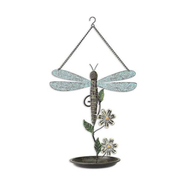 Handcrafted Metal Birdfeeder with Glass Bowl and Dragonfly Accents