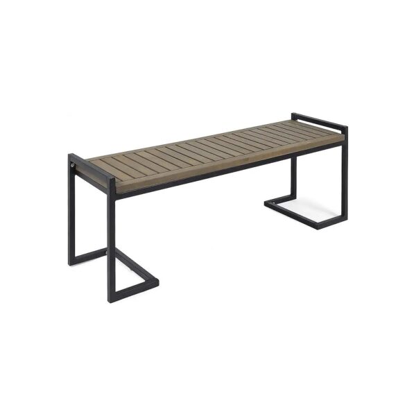 Handcrafted and Durable Grey Acacia Wood and Black Metal Outdoor Floor Bench