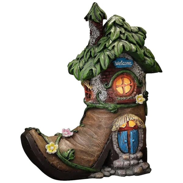 Handmade Resin Boot Fairy House Garden Statues with Solar Light Yard Decor