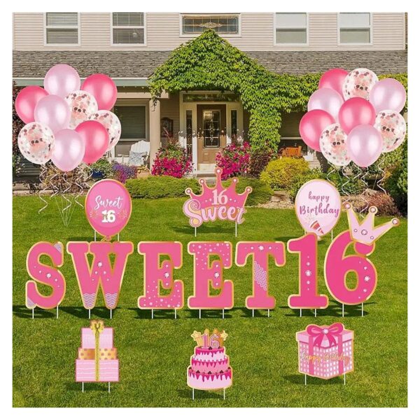 Happy Sweet 16th Birthday Lawn Signs with Waterproof Design and Beautiful Pink Patterns