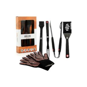 Heavy Duty BBQ Accessories with Long Handle Spatula, Tongs, Brush, Grill Fork, and Gloves