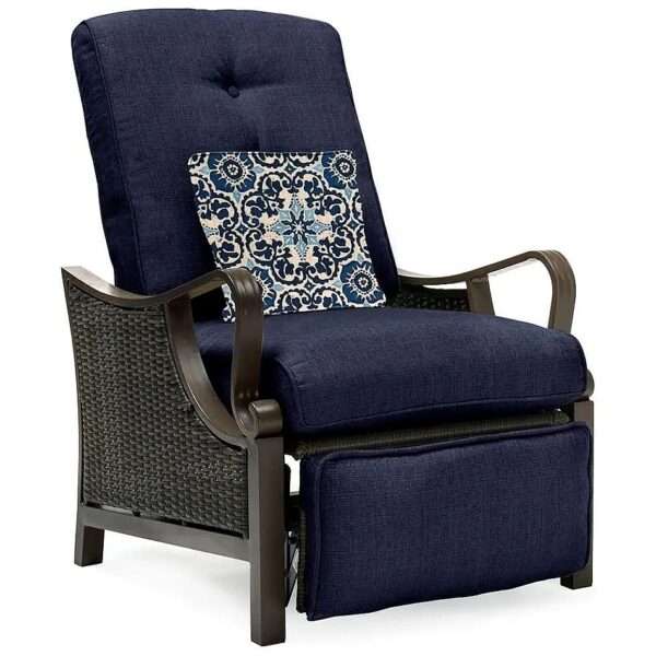 Heavy Duty Brown Wicker Outdoor Recliner Chair with Upholstered Seat and Accent Pillow