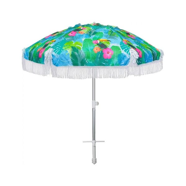 Heavy Duty Fringe Windproof Beach Umbrella with Adjustable Height and Carry Bag