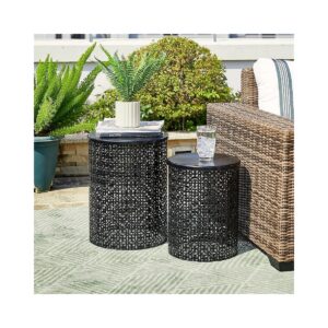 Heavy Duty Metal Frame Accent Tables with Glossy Black Finish for Indoor Outdoor Use