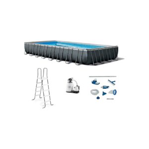 Heavy Duty Rectangular Gray Above Ground Pool with Sand Filter and Maintenance Kit