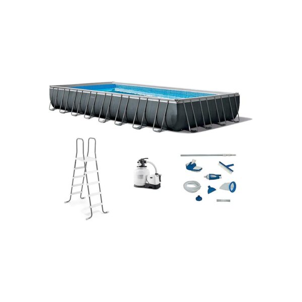 Heavy Duty Rectangular Gray Above Ground Pool with Sand Filter and Maintenance Kit