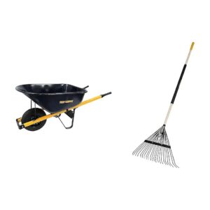 Heavy-Duty Steel Tray Wheelbarrow with 6 Cu Ft Capacity and 22-Tine Leaf Rake