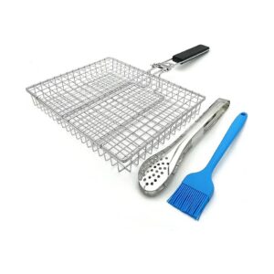 High Rise Stainless Steel BBQ Grill Basket with Brush and Tong for Longer Cooking Time