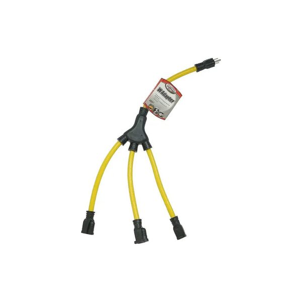 High Visibility Yellow 2 Foot W Splitter Adapter with 3 Prong 15 Amp Connections