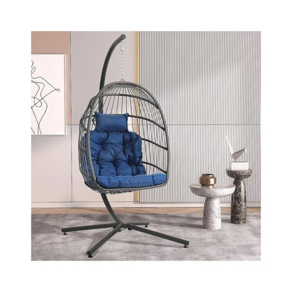 High-Quality Dark Blue Wicker Egg Chair with Stand and Cushion