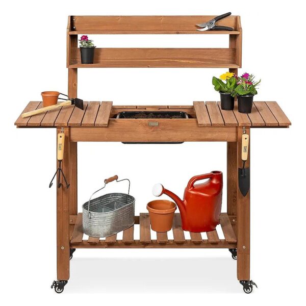 High-Quality Wood Potting Bench with 2-Tier Shelves and Hooks