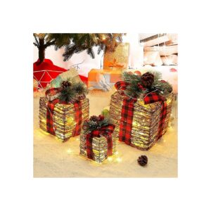 Home Decoration Essentials Rattan Lighted Gift Boxes with Pre-Lit 60 LEDs for Christmas