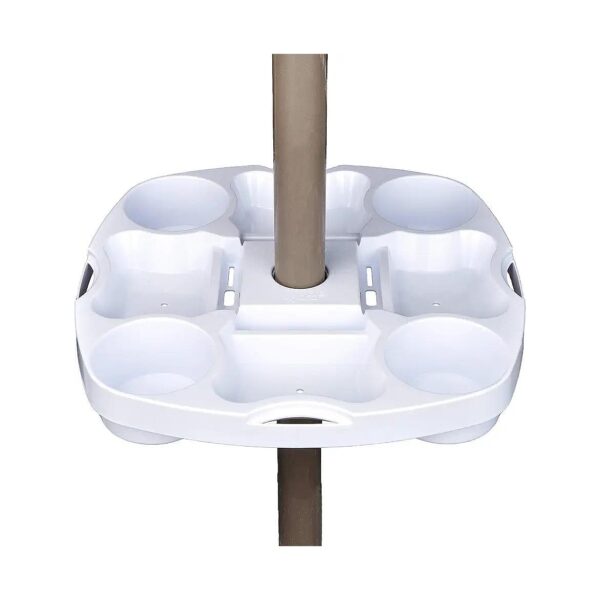 In-One Outdoor Umbrella Tray with Drink Holders, Snack Compartments, and Phone Slots