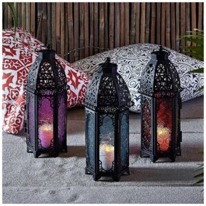 Indoor Battery Operated LED Flameless Candle Lanterns with Black Metal and Colored Glass