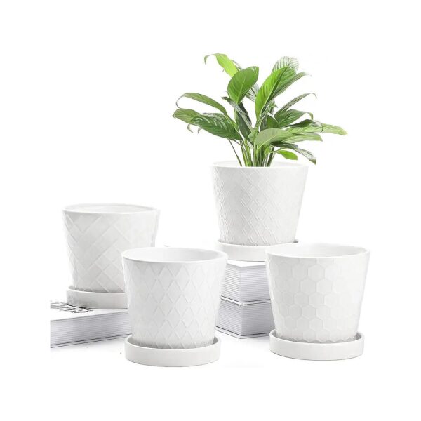 Indoor Flower Pot Set with White Ceramic Construction and Drainage Hole