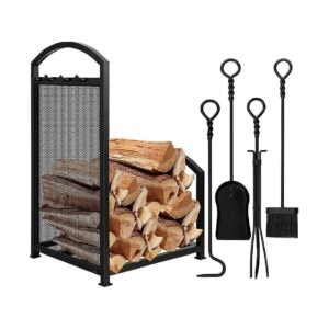 Indoor Outdoor Fireplace Log Holder with Heavy Duty Wrought Iron Frame and Tools