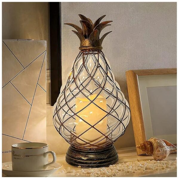 Indoor and Outdoor 13'' Glass Pineapple Lantern with Flameless Candles and Auto Timer